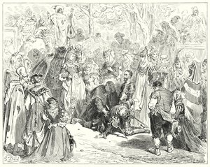 Gustave Dores Don Quijote: "Den stakkars jomfruen, skjelvende og forferdet uten å si et ord, kom til stakkars Basil" (gravering) av Gustave Dore