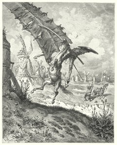 Gustave Dores Don Quijote: "Seilet kastet bort både ridder og hest sammen med det" (gravering) av Gustave Dore
