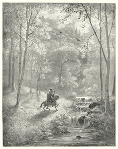 Gustave Dores Don Quijote: "Himmelen virker for ham mer gjennomsiktig, og solen ser ut til å skinne med fordoblet lysstyrke" (gravering) av Gustave Dore