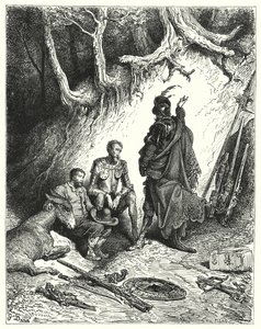 Gustave Dores Don Quijote: "Etrerene forlot Don Quixote, Roque og Sancho for å vente på deres retur" (gravering) av Gustave Dore