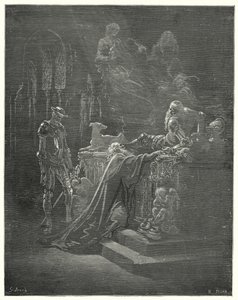 Gustave Dores Don Quixote: "Den ærverdige Montesinos falt på kne foran den plaget ridder" (gravering) av Gustave Dore