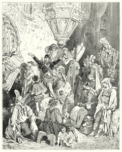 Gustave Dores Don Quijote: "Det var ikke det landet på jorden som han ikke hadde sett, og heller ikke kamp som han ikke hadde vært engasjert i" (gravering) av Gustave Dore