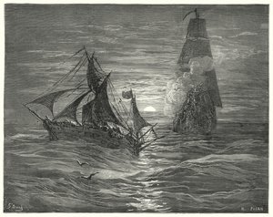 Gustave Dores Don Quijote: "De var under vinden, avfyrte to våpen mot oss" (gravering) av Gustave Dore