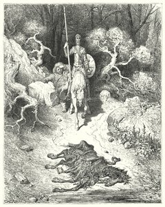 Gustave Dores Don Quijote: "De kom til en park, hvor de fant et muldyr som lå død" (gravering) av Gustave Dore