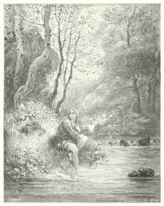 Gustave Dores Don Quijote: "De spionerte en ungdom i en landlig vane, sittende ved foten av en stein bak et asketre" (gravering) av Gustave Dore