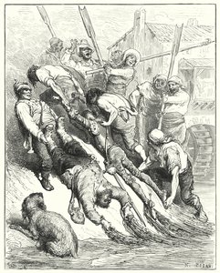 Gustave Dores Don Quijote: "De ble begge dratt i land, mer overvåte enn tørste" (gravering) av Gustave Dore