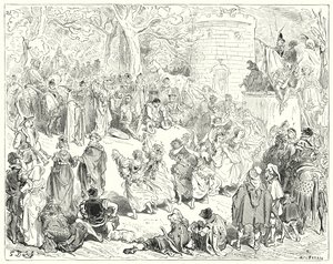 Gustave Dores Don Quixote: "De ble ført opp av en ærverdig gammel mann og en matronly kvinne" (gravering) av Gustave Dore