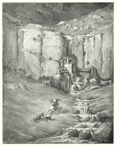 Gustave Dores Don Quijote: "Da de kom nærmere, begynte til og med tålmodige Rozinante selv ved den fryktelige lyden" (gravering) av Gustave Dore