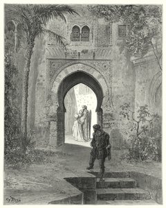 Gustave Dores Don Quijote: "Zoraida, som viste problemer i utseendet hennes, dro bort med faren" (gravering) av Gustave Dore