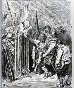 Hvordan bli kvitt Don Quijote. Folket i hotellbutikken bestemte seg for å låse ham inne ved å få ham til å tro på en ny fortryllelse og en ny ridderlig test - fra «Don Quixote de la Mancha» av Miguel Cervantes (1547-1616) (Don Quixote) - Tresnitt etter teg av Gustave Dore