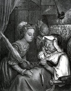 Illustrasjon av Gustave Dore til en fortelling av Charles Perrault: Tornerose. Prinsessen skal stikke seg selv i slyngelen til en gammel kvinne som løper vekk i spindelen. av Gustave Dore