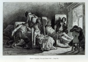 Illustrasjon som viser 'Captain Fracasse' en karakter av commedia dell'arte av Theophile Gautier. Av Dore (gravering) av Gustave Dore