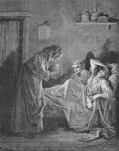 Illustrasjon for The Old Woman and the Two Servants, fra 'Fables' av Jean de La Fontaine (1621-95)