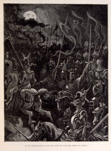 Illustrasjon av riddere i kamp under en månelys kveld. av Gustave Dore