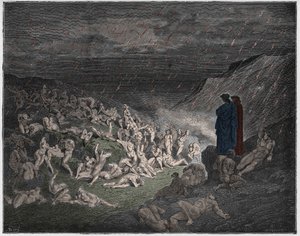 Inferno, Canto 14: De voldelige, plaget i ildregnet, illustrasjon fra «Den guddommelige komedie» av Dante Alighieri av Gustave Dore
