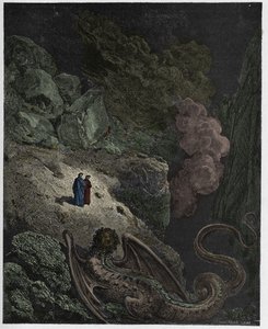 Inferno, Canto 17 : Geryon, symbol på bedrag, illustrasjon fra "The Divine Comedy" av Dante Alighieri, 1885 av Gustave Dore
