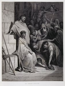 Fornærmelser mot Kristus under rettssaken, illustrasjon fra Dore-bibelen av Gustave Dore