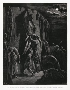 Jabesj-gileadittene henter likene til Saul og sønnene hans, illustrasjon fra Dore-bibelen av Gustave Dore