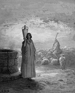 Jakob, som holder Labans flokker, ser Rachel ved brønnen, 1866 av Gustave Dore