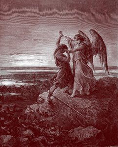 Jakob som bryter med engelen, av Doré. - Bibelen av Gustave Dore