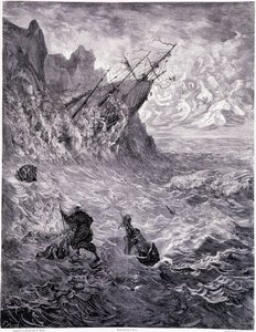 I cross the sea... plate X - Illustrasjon av Gustave Dore (1832-1883), for La legende du Jeif wandering av Pierre Dupont, utgave Librairie du Magasin Picturesque, Paris 1862 av Gustave Dore