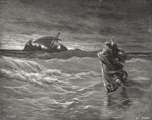 Jesus Walking on the Sea, Johannes 6:19-21, illustrasjon fra Dores 