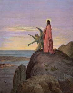 Jesus i ørkenen, utsatt for djevelens fristelse - Kristi fristelse - Satan fristet Jesus - gravering av Gustave Dore - senere fargelegging av Gustave Dore