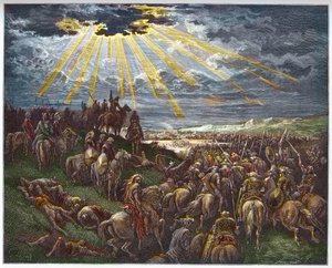 Joshua Commanding the Sun to Stand Still - Josue arrete le soleil - engraving in “The Bible illustree” by Gustave Dore (1832-1883) - Engraving from “” The Dore Bible”” av Gustave Dore