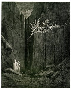 Helvete (Den guddommelige komedie) av Dante Alighieri illustrert av Gustave Dore. Hachette-utgave 1861. Fransk oversettelse av Pier-Angelo Fiorentino. Dante og Virgile står ansikt til ansikt med demonene: Knapt hadde føttene nådd sengen - Fra bunnen og ned av Gustave Dore