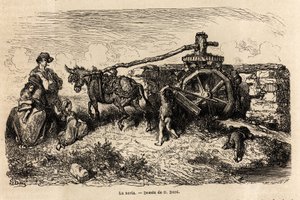 La noria, en hydraulisk maskin for å heve vannstanden ved å bruke energien produsert av strømmen, tegning av Gustave Dore (1832-1883), for å illustrere hans reise til Spania, med C. Davillier, i 1862. Gravering i "" Le tour du monde "", redigert av Edouard av Gustave Dore