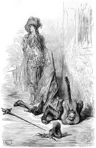 Leandre knuste nettopp en gitar på hodet til Matamore, illustrasjon for "Captain Fracass" av Gustave Dore