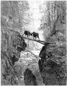 De to geitene: Fabel av Jean de la Fontaine illustrert av Gustave Dore - skog, bekk, bekk - av Gustave Dore