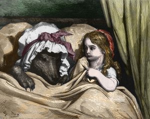 Rødhette og ulv misliker som bestemor. Illustrasjon av Gustave Dore av Gustave Dore