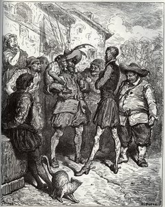 Maese Pedro og den spådomsape - fra "Don Quixote de la Mancha" av Miguel Cervantes (1547-1616) (Don Quixote) - Tresnitt etter tegning av Gustave Dore av Gustave Dore
