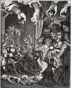 Maese Pedros dukketeater - fra «Don Quixote de la Mancha» av Miguel Cervantes (1547-1616) (Don Quixote) - Tresnitt etter tegning av Gustave Dore av Gustave Dore