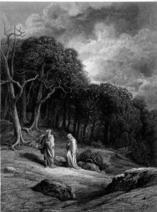 Merlin og Viviane i Brocéliande-skogen - i "" Viviane"" av Alfred Tennyson, illustrasjon av G. Doré av Gustave Dore