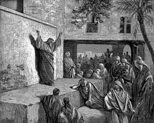 Mika, den moresjttiske profeten, sier det til israelittene. For se, Herren kommer ut ... og kommer ned og tråkker på jordens hauger. Bibelen Mika I:3. Illustrasjon av Gustave Dore 1865-1856. Tregravering av Gustave Dore