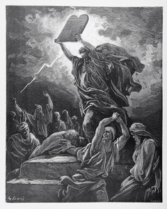 Moses bryter lovens tavler, gravert av Hotelin, ca. 1868 av Gustave Dore
