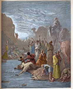 Moses bringer vann frem fra klippen - Moise fait l'eau du rock, dans le ørken - Book of Exodus (Bible) - gravering i "" The Bible illustree"" av Gustave Dore (1832-1883) - Gravering fra "" The Dore Bibelen"" av Gustave Dore