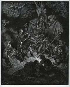 Nattlys der Don Quixote forteller historien om verden til geitene og en Sancho Panza - fra "Don Quixote de la Mancha" av Miguel Cervantes (1547-1616) (Don Quixote) - Tresnitt etter tegning av Gustave Dore av Gustave Dore