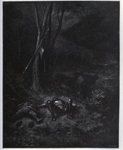 One of the fugitives, Gines de Passamont, steals the donkey from Sancho Panza during the sleep of the two travellers - from “Don Quixote de la Mancha” by Miguel Cervantes (1547-1616) (Don Quixote) - Woodcut after drawing by Gustave Dore av Gustave Dore