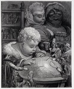 Pantagruel følger et geografikurs - i "" Gargantua"" av Rabelais, ill. Gustave Dore av Gustave Dore
