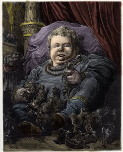 Pantagruel, sønn av Gargantua, blir matet med melk fra 4600 kyr - Pantagruel, sønn av Gargantua, får næring av melken til 4600 kyr - illustrasjon fra 'Gargantua og Pantagruel', av Francois Rabelais - gravering av Gustave Dore (18832-18832-1 ) av Gustave Dore