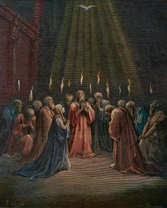 Pinse - Pinse (Den Hellige Ånds komme) - Pinse, Den Hellige Ånds nedstigning, gravering av Gustave Dore (1832-1883) - senere fargelegging av Gustave Dore