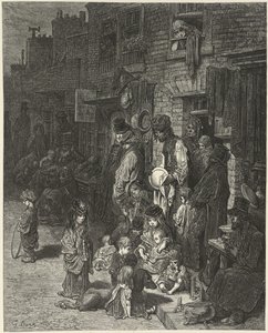 Folk som står og sitter utenfor husene sine, i en gate, fra "London: a pilgrimage", av William Blanchard Jerrold av Gustave Dore