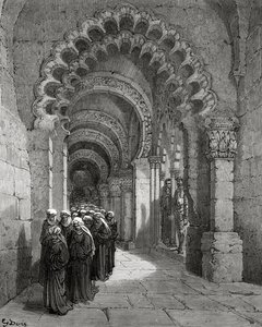 Procession of Damsels Mourning, fra 'Don Quixote de la Mancha' av Miguel Cervantes, gravert av Heliodore Joseph Pisan, ca. 1875 av Gustave Dore