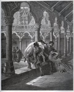 Resit av Don Fernand; han tar Luscinde fra klosteret hvor hun hadde søkt tilflukt - fra "Don Quixote de la Mancha" av Miguel Cervantes (1547-1616) (Don Quixote) - Tresnitt etter tegning av Gustave Dore av Gustave Dore