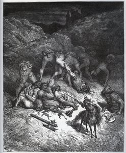 Recite des feats de Felix-Mars d'Hyrcania - fra "" Don Quixote de la Mancha"" av Miguel Cervantes (1547-1616) (Don Quixote) - Tresnitt etter tegning av Gustave Dore av Gustave Dore