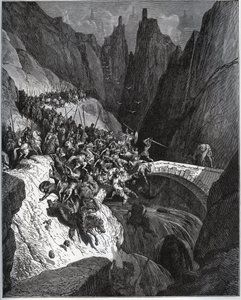 Recite des feats du chevalier Diego Garcia de Paredes - fra "Don Quixote de la Mancha"" av Miguel Cervantes (1547-1616) (Don Quixote) - Tresnitt etter tegning av Gustave Dore av Gustave Dore