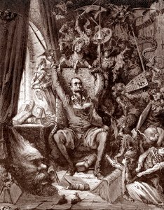 Representasjon av Don Quijote i biblioteket hans omgitt av skapningene i bøkene hans Gravering av Gustave Dore (1832-1883) for "L'Ingenieux Hidalgo Don Quixote de la Manche (Quixote - Quijote)" av Miguel de Cervantes (1547-1616) 1863 Samling  av Gustave Dore